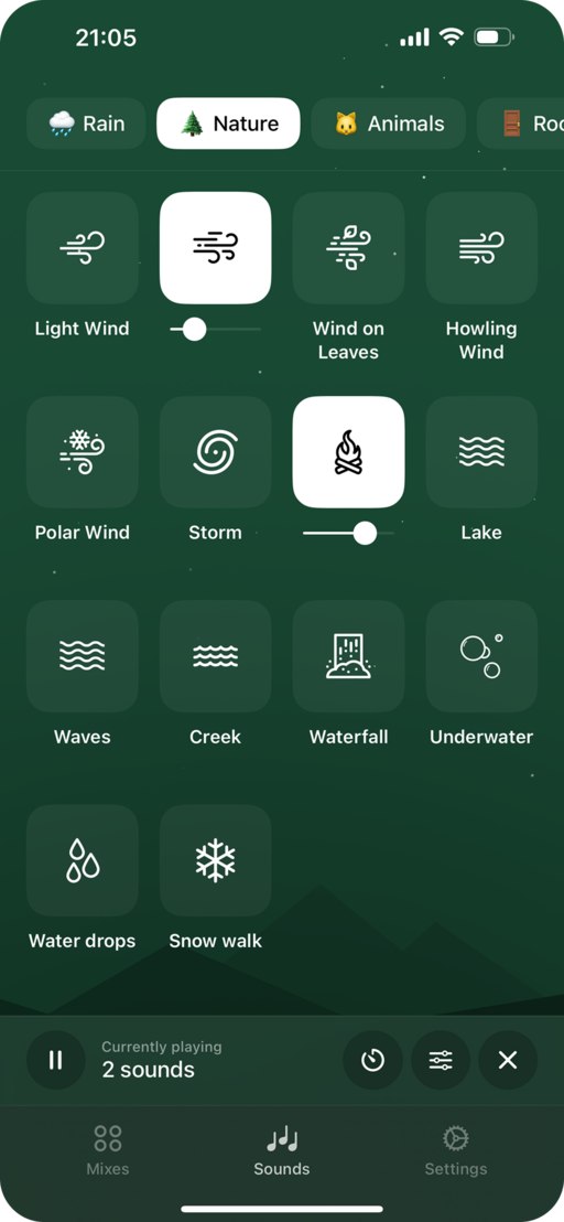 App screenshot: sounds list